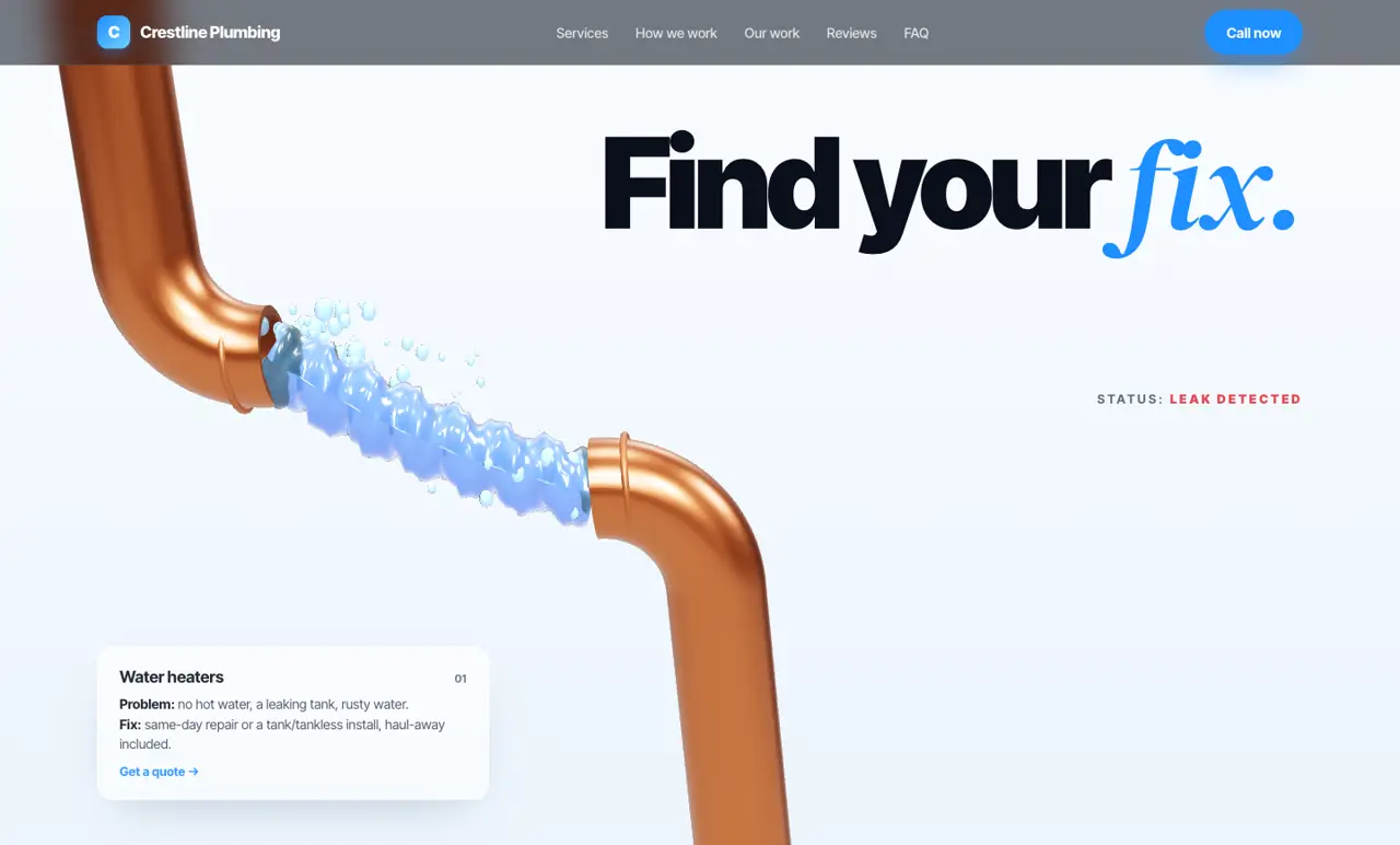 Plumbing website with 3D copper pipes spraying water