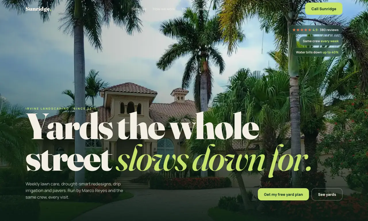 Landscaping website hero with palm trees